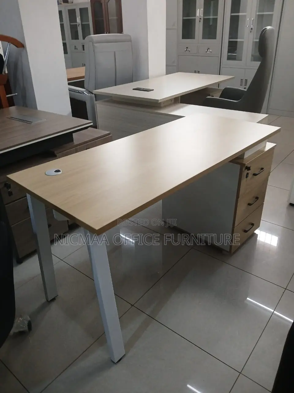 Light Wood White Finish With Secure Storage Advanced Desk