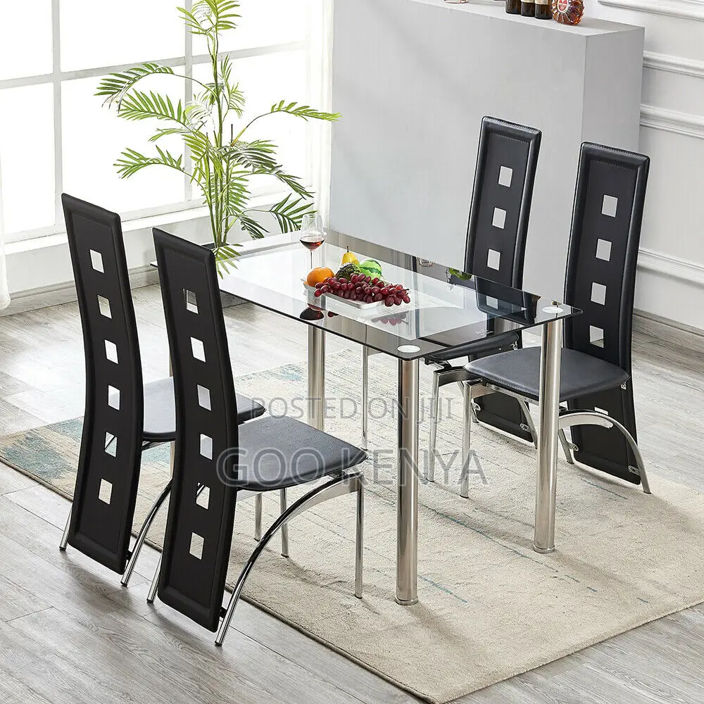 Home Dining Set; Modern Rectangle Glass Dining Set With 4 Leather Seat
