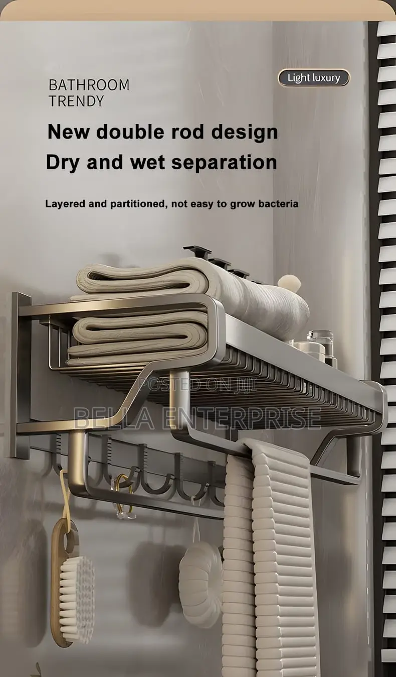 Bathroom Wall Mounted Towel Rack Accessory With Hooks