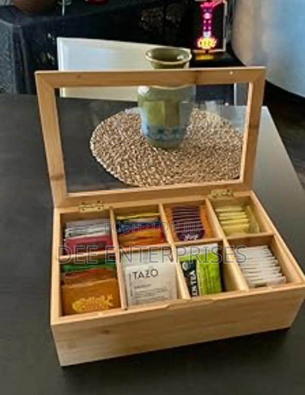 6 Compartment Bamboo Tea Bag Organizer With Clear Cover - main view