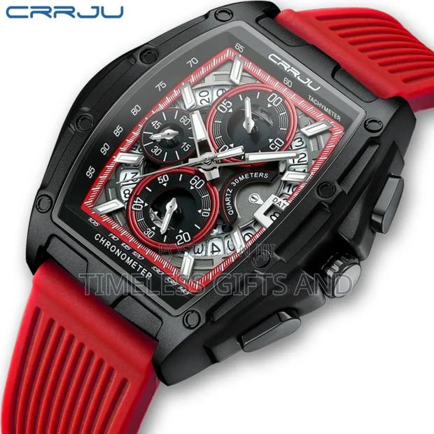 Crrju Red Silicone Strap Watch for Men