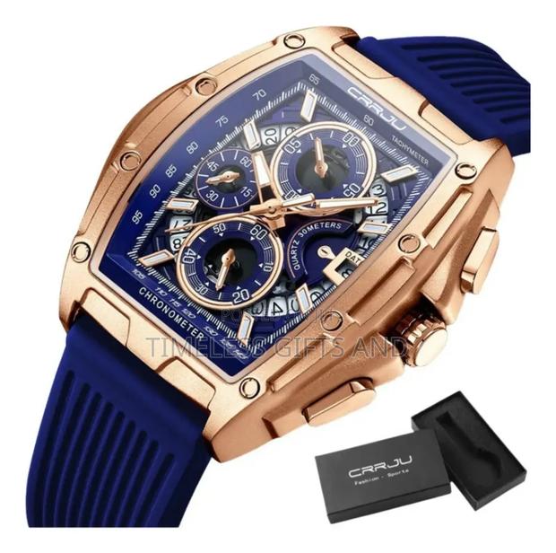 Crrju Rose Gold Blue Rubber Skeleton Watch