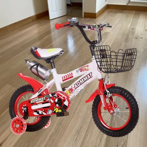 White and Red 12 14 16 Inch Kids Bike With Stabilizers and Bottle