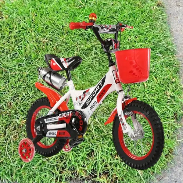 Red and White Bike With Training Wheels and Bottle–12-16 Inch for Kids