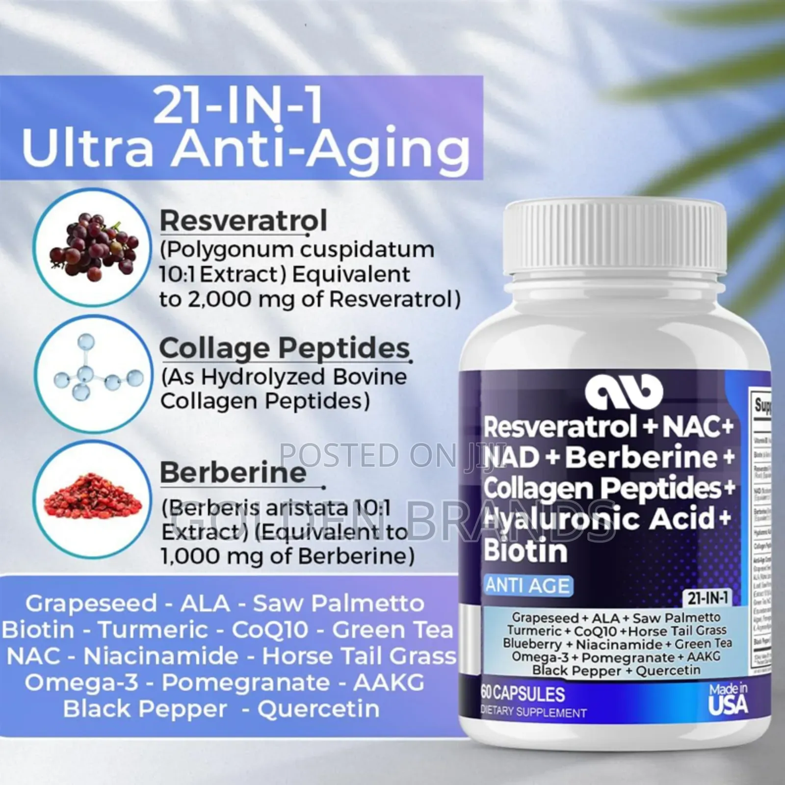 Anti-aging Resveratrol Nad+ Hyaluronic–21-in-1 Hair, Skin, Nail Boost