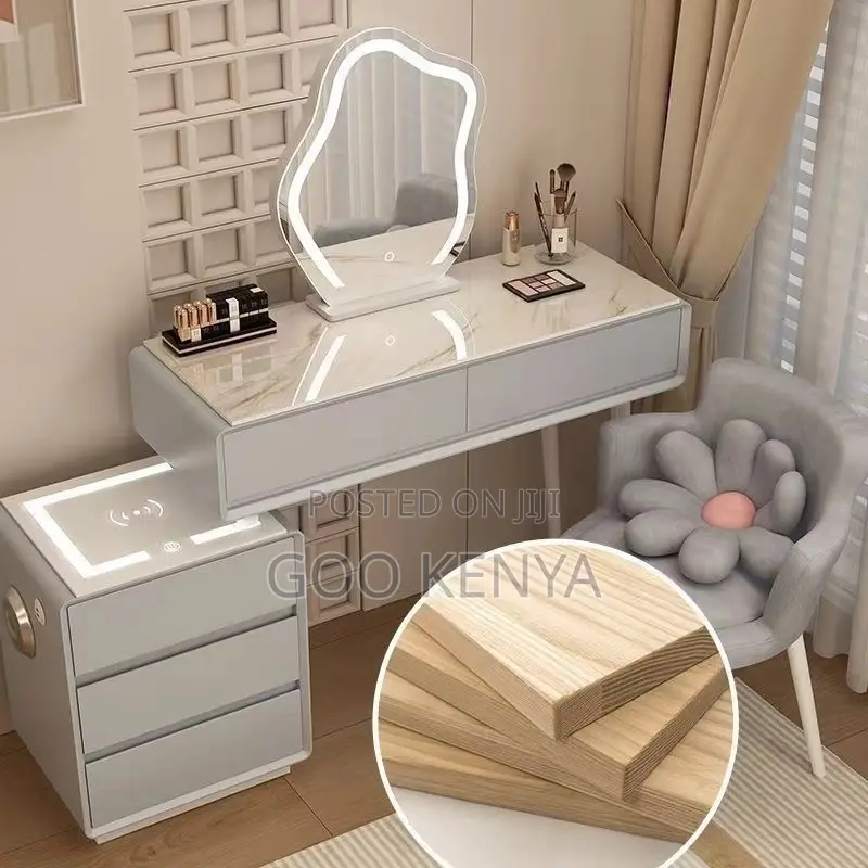 Home Dressing Table; Elegant Wood Makeup Table With Storage and Stool