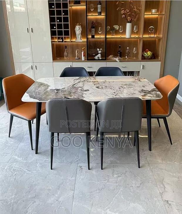 Home Dining Set; 6-Seat Durable Rock Stone Marble Dining Set - thumbnail 2