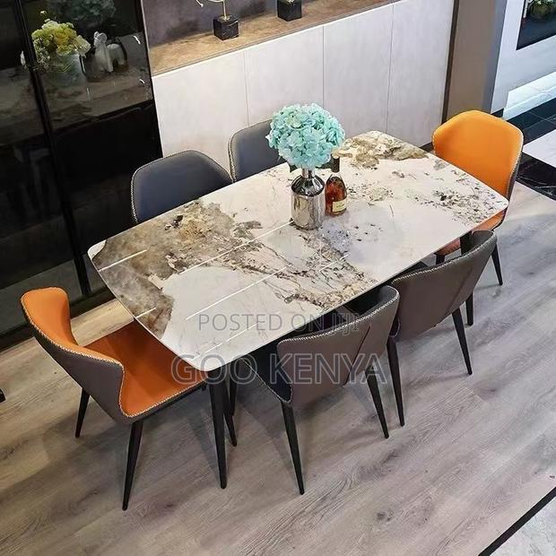Home Dining Set; 6-Seat Durable Rock Stone Marble Dining Set - thumbnail 3