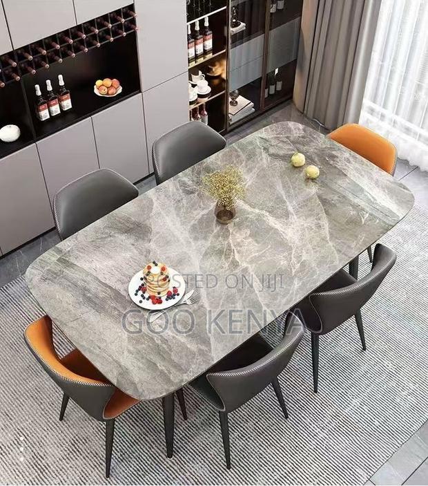 Home Dining Set; 6-Seat Durable Rock Stone Marble Dining Set - thumbnail 4