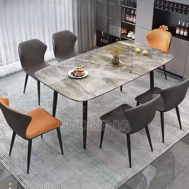 Home Dining Set; 6-Seat Durable Rock Stone Marble Dining Set - thumbnail 5
