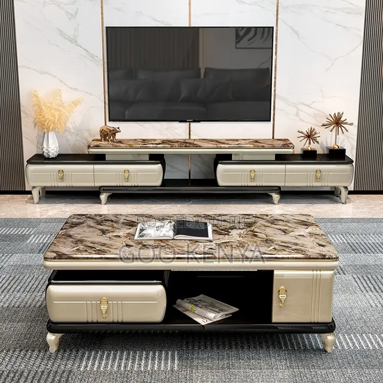 Home Tv Table Set; Designer Marble Coffee Table With Matching Console