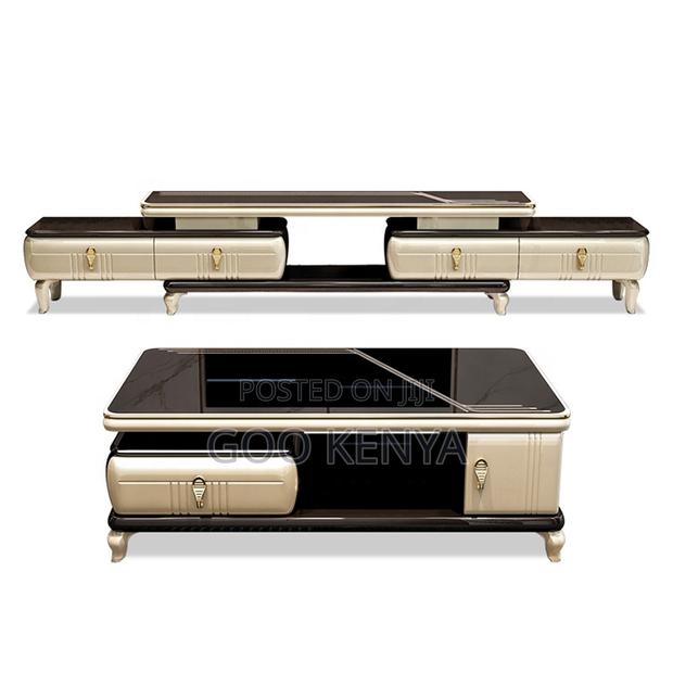 Home Tv Table Set; Designer Marble Coffee Table With Matching Console - thumbnail 2