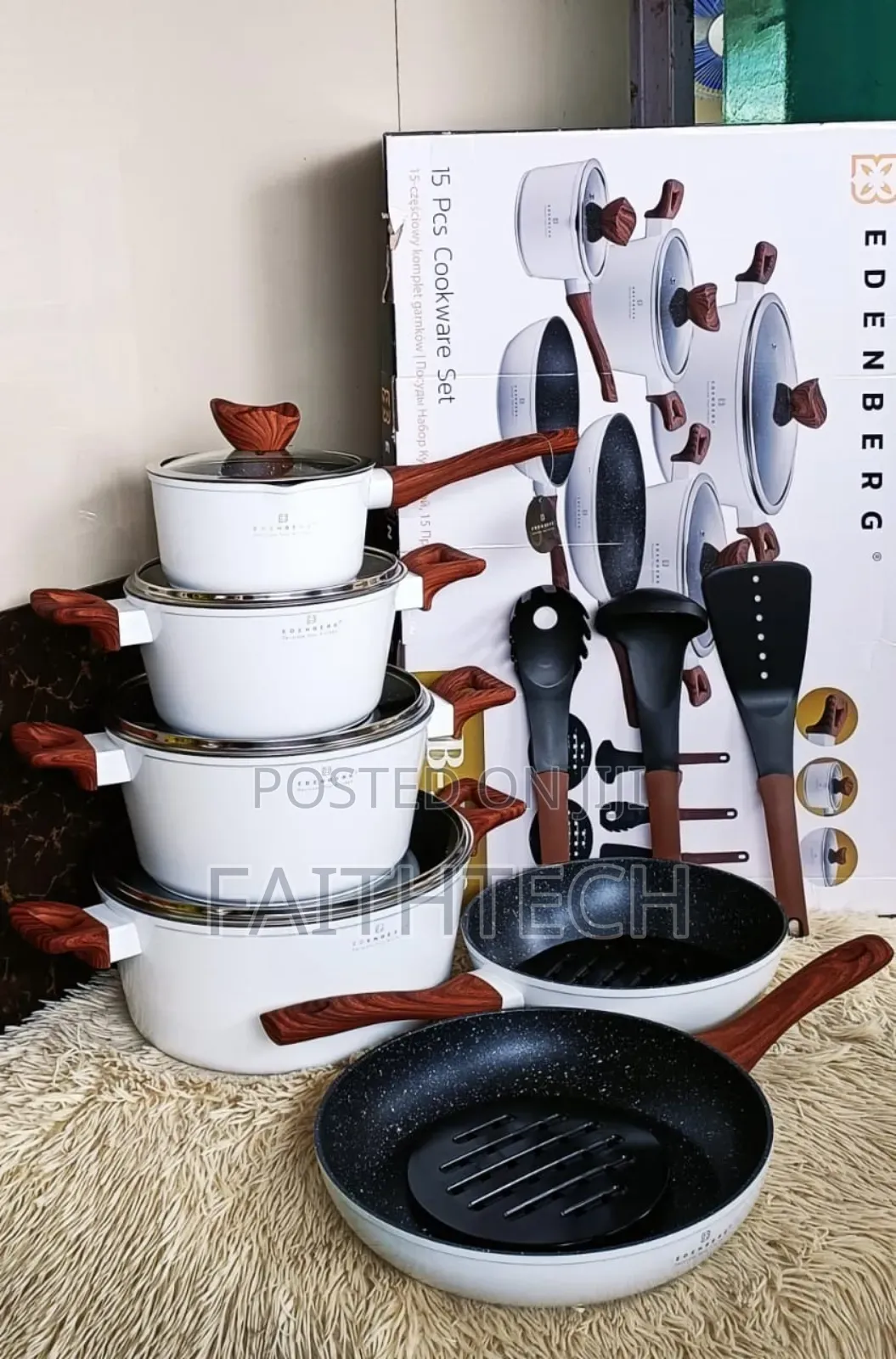 15 Pieces White With Wooden Handle Edenburg Cookware Pots Set