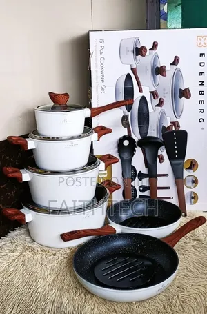 15 Pieces White With Wooden Handle Edenburg Cookware Pots Set