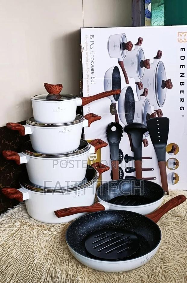 15 Pieces White With Wooden Handle Edenburg Cookware Pots Set - thumbnail 3