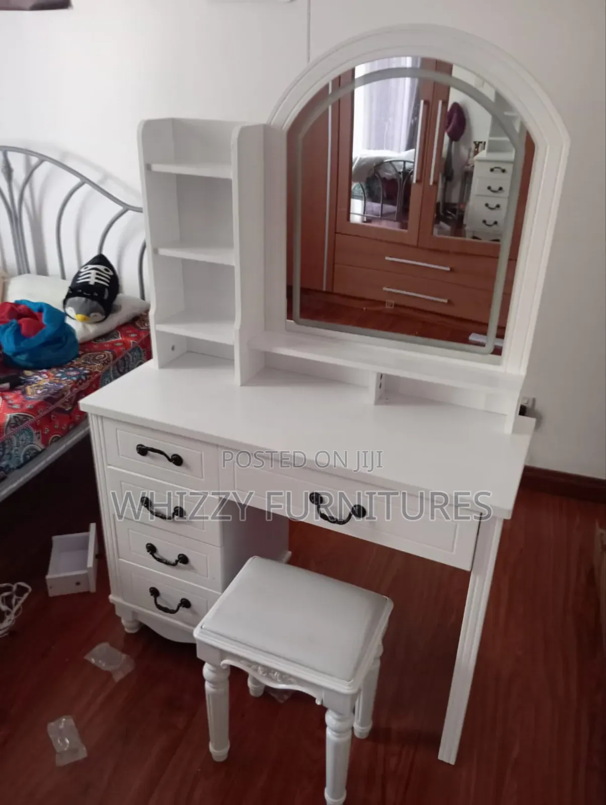 White Dressing Table With a Mirror and Matching Stool