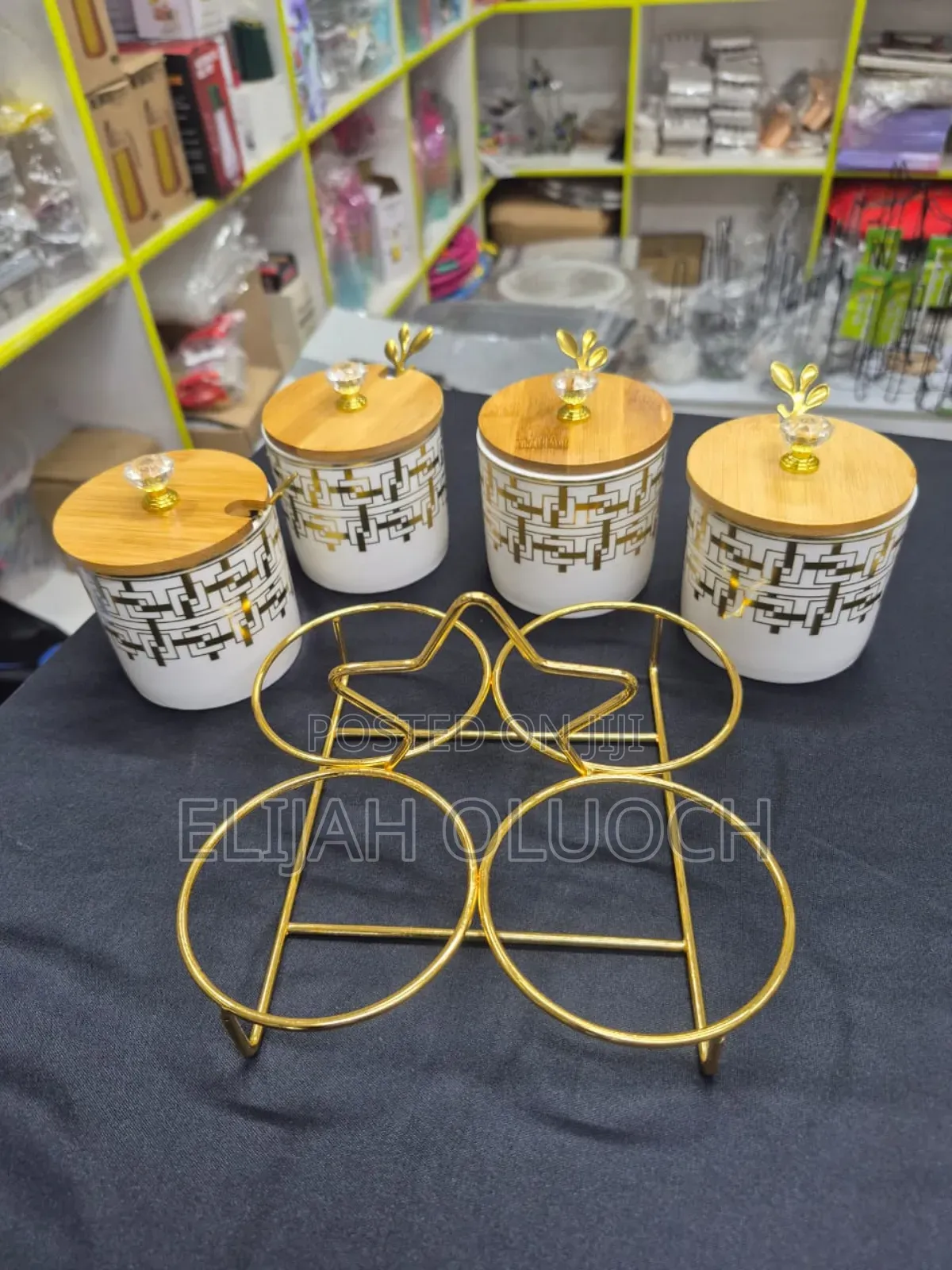 4 PCS Ceramic Canister Set With Gold Stand and Bamboo Lid