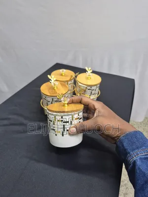 4 PCS Ceramic Canister Set With Gold Stand and Bamboo Lid