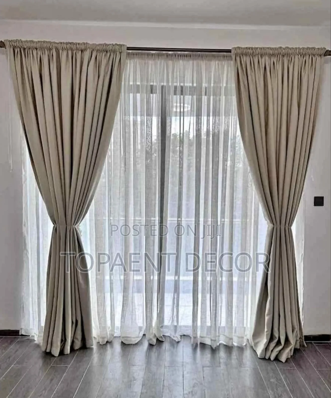Beige,2 Piece Elegant Window Curtains With Sheers