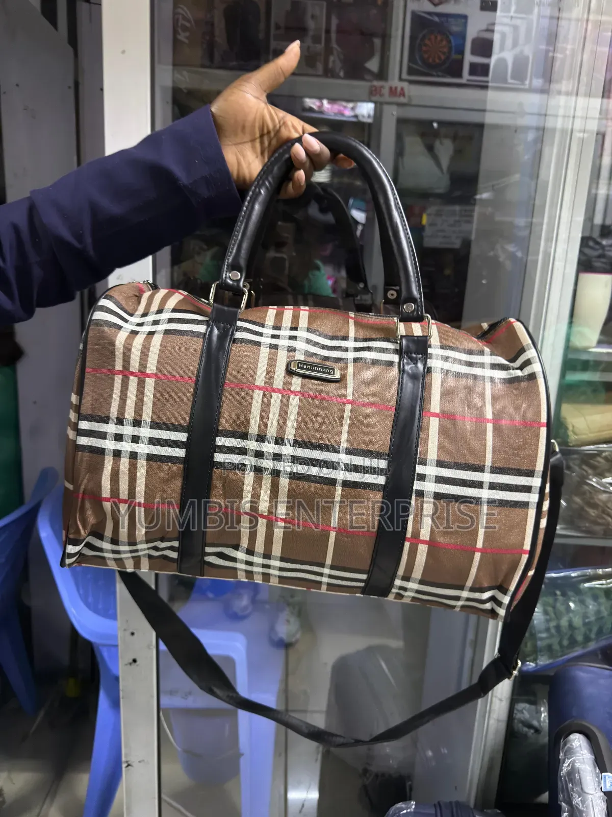 Brown Checked Leather Travel Bags