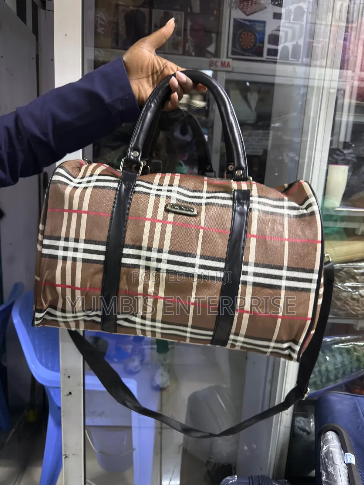 Brown Checked Leather Travel Bags