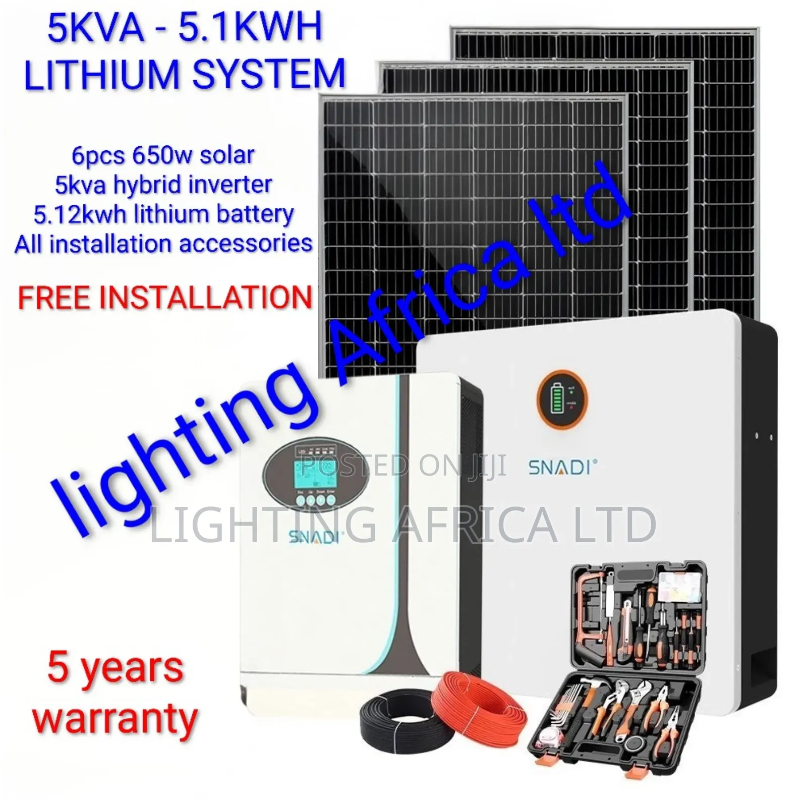 5kva - 5.12kwh Lithium -(6)650w Solar Free Installation Transport