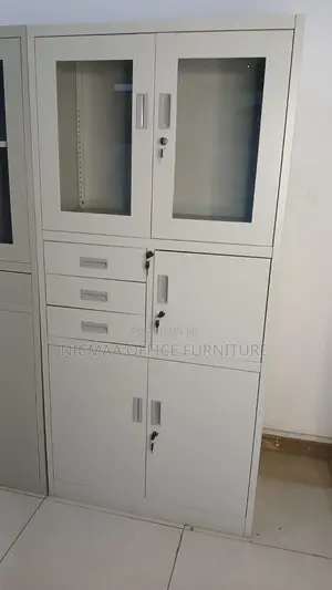 2-Door Glass Display, Drawers Lockable Compartments Filling Cabinet