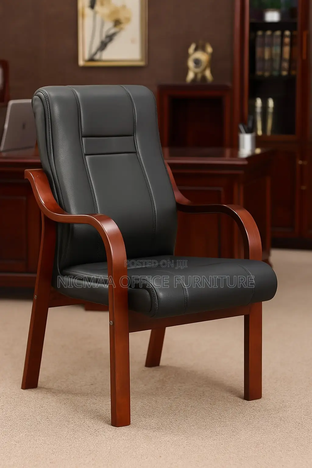 Black Leather Solid Wood Executive Seat
