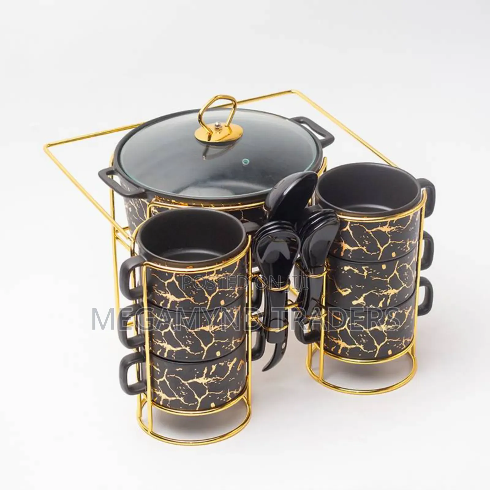 15pc Nordic Ceramic Soup Pot/Ceramic Marble Black Bowl Set