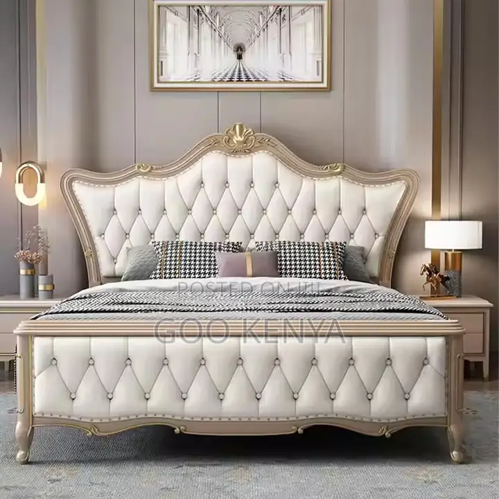 Home Bed; King Size Premium Leather Bed With Tufted Headboard