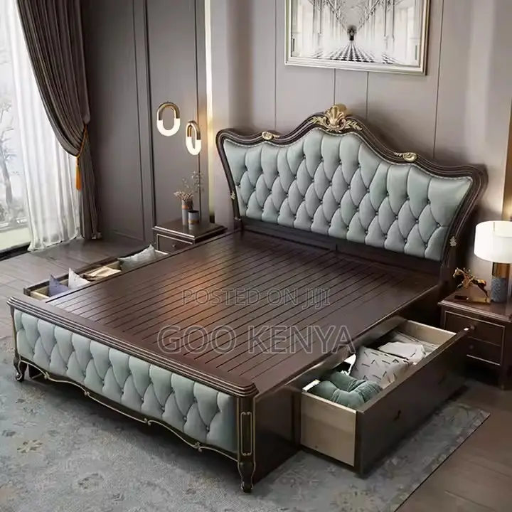 Home Bed; King Size Premium Leather Bed With Tufted Headboard