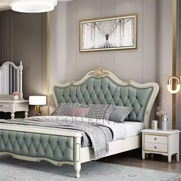 Home Bed; King Size Premium Leather Bed With Tufted Headboard