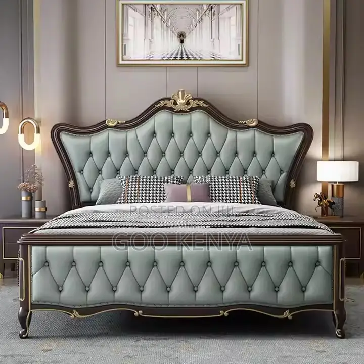 Home Bed; King Size Premium Leather Bed With Tufted Headboard