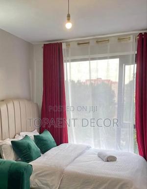 Red Fancy and Attractive Bedroom Window Curtains and Plain White Sheer - main view