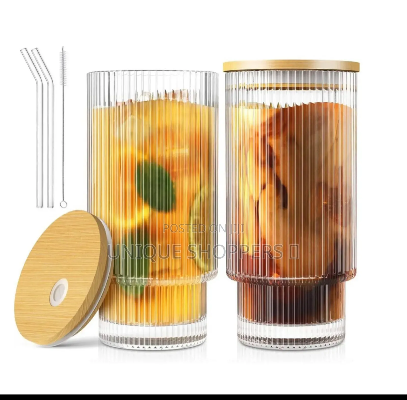 Aesthetic Highball Crystal Ribbed Glasses With Bamboo Lid and Straws.