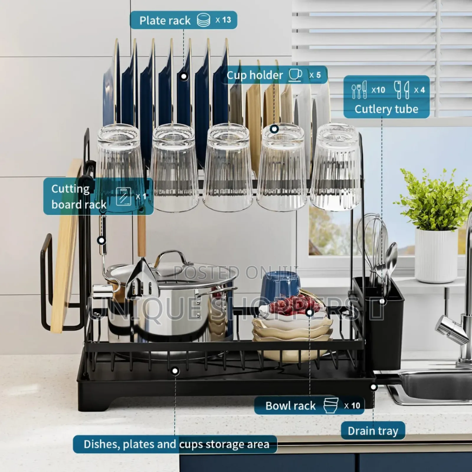 High Quality 2tier Dish Rack With Cutlery Holder and Glass Holder