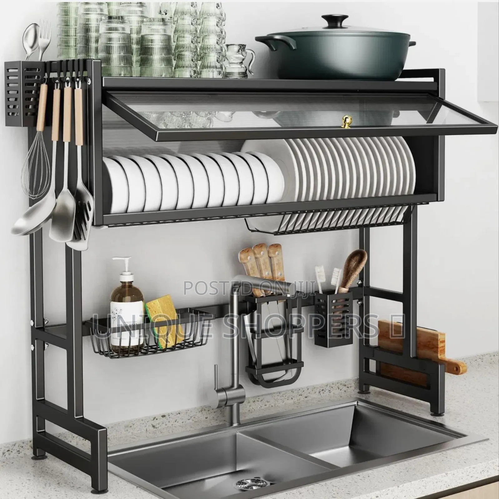 Over the Sink Double Dish Rack With Lid