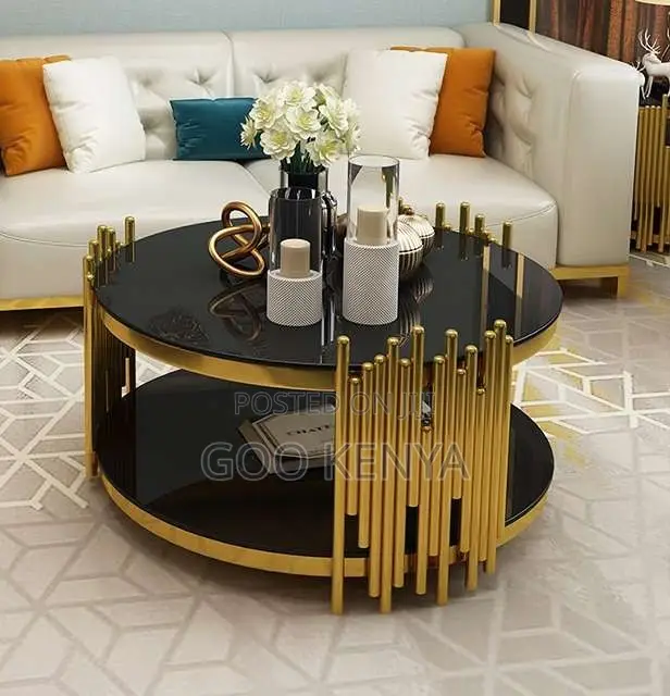 Home Table; Round Glass Top Coffee Table With Gold Finish