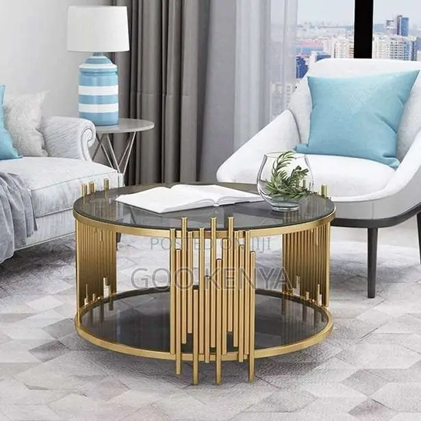 Home Table; Round Glass Top Coffee Table With Gold Finish