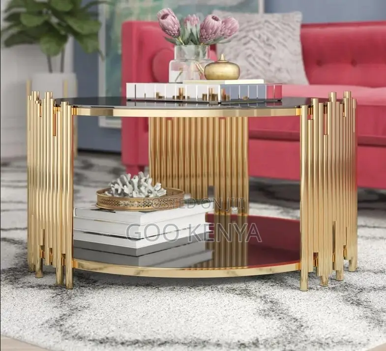 Home Table; Round Glass Top Coffee Table With Gold Finish