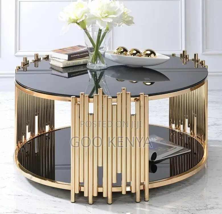 Home Table; Round Glass Top Coffee Table With Gold Finish