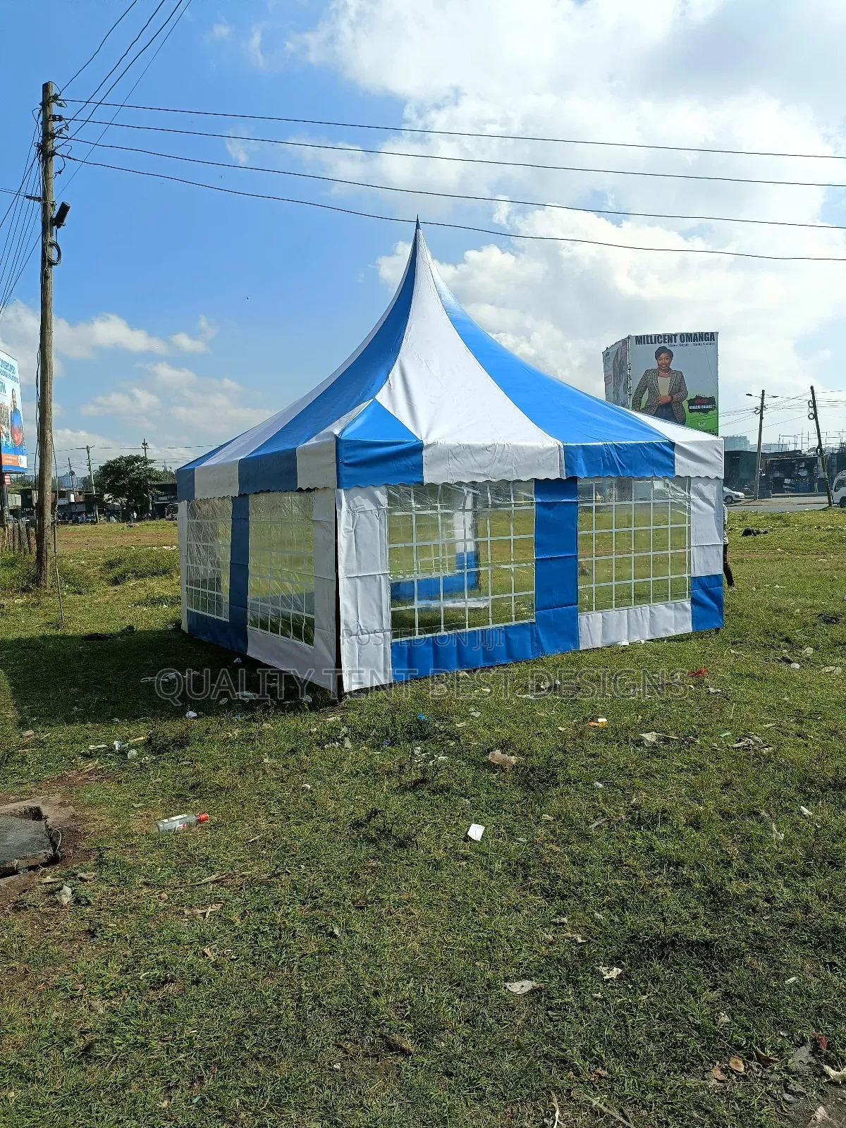Made of Quality. All Weater Protection Blue and White 50 Seater Tent.