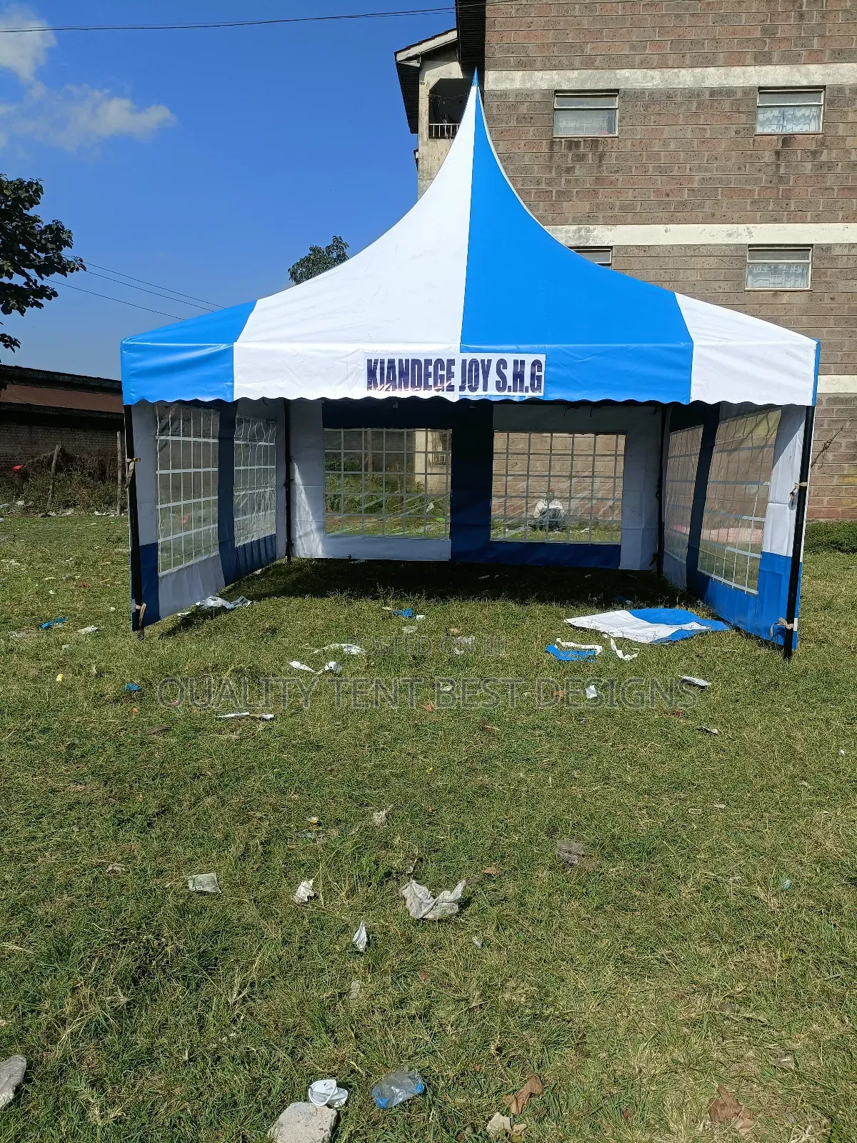 Made of Quality. All Weater Protection Blue and White 50 Seater Tent.