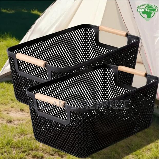 *Large Size Modern Hard Plastic Storage Basket With Wooden Handles - thumbnail 3