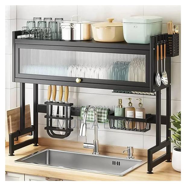 Black Heavy Duty Over the Sink Rack With Closable Cabinet