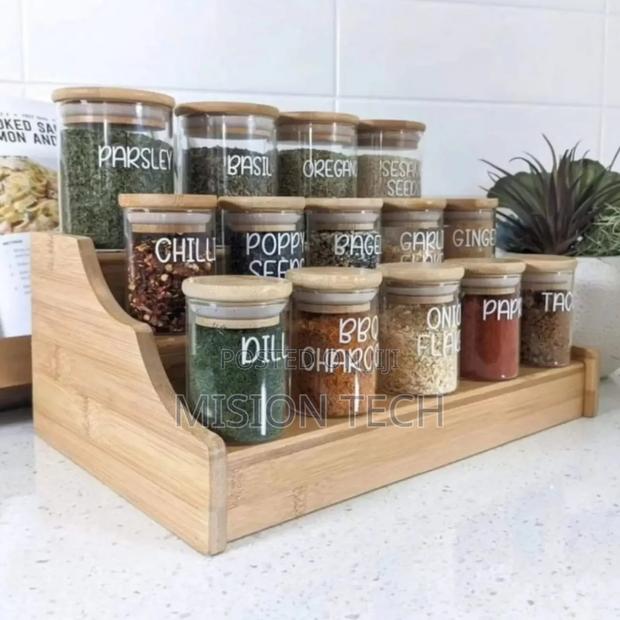 15pcs Glass Spice Jar Set With a Wooden Bamboo Stand