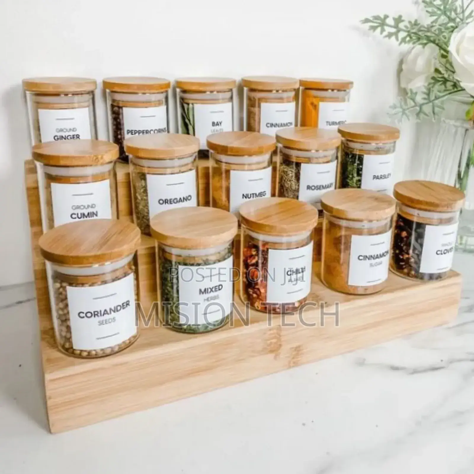 15pcs Glass Spice Jar Set With a Wooden Bamboo Stand 