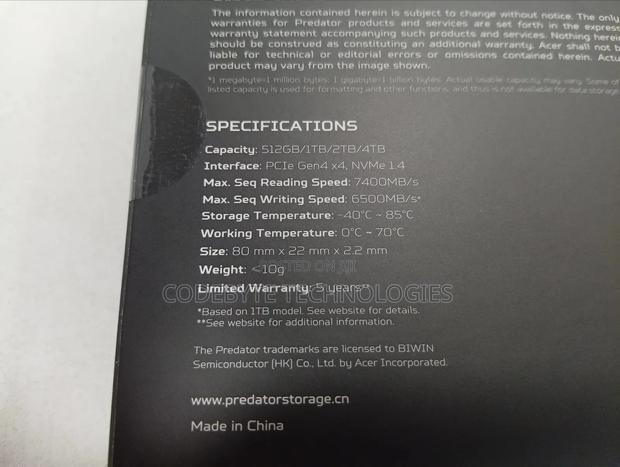 Acer Predator Gm7 Internal SSD M.2 Pcie Gen 4*4 Nvme 2280 - 4tb - thumbnail 3