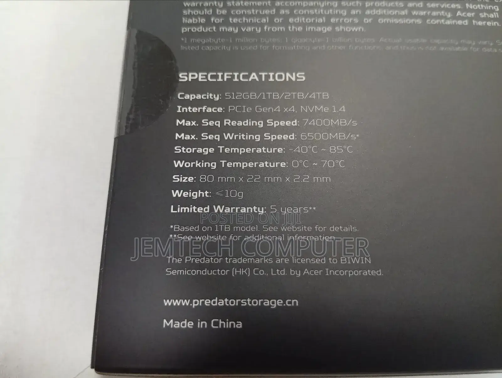 Predator Gm7 Acer M.2 4tb Ssd: 2280 Pcie Gen 4 X4 Nvme 2.0 7400 Mb/S