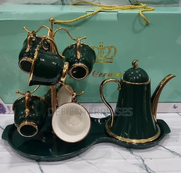 Fine Ceramic 9pc Tea Set With Cup Stand 6 Cups Kettle and 8shaped Tray